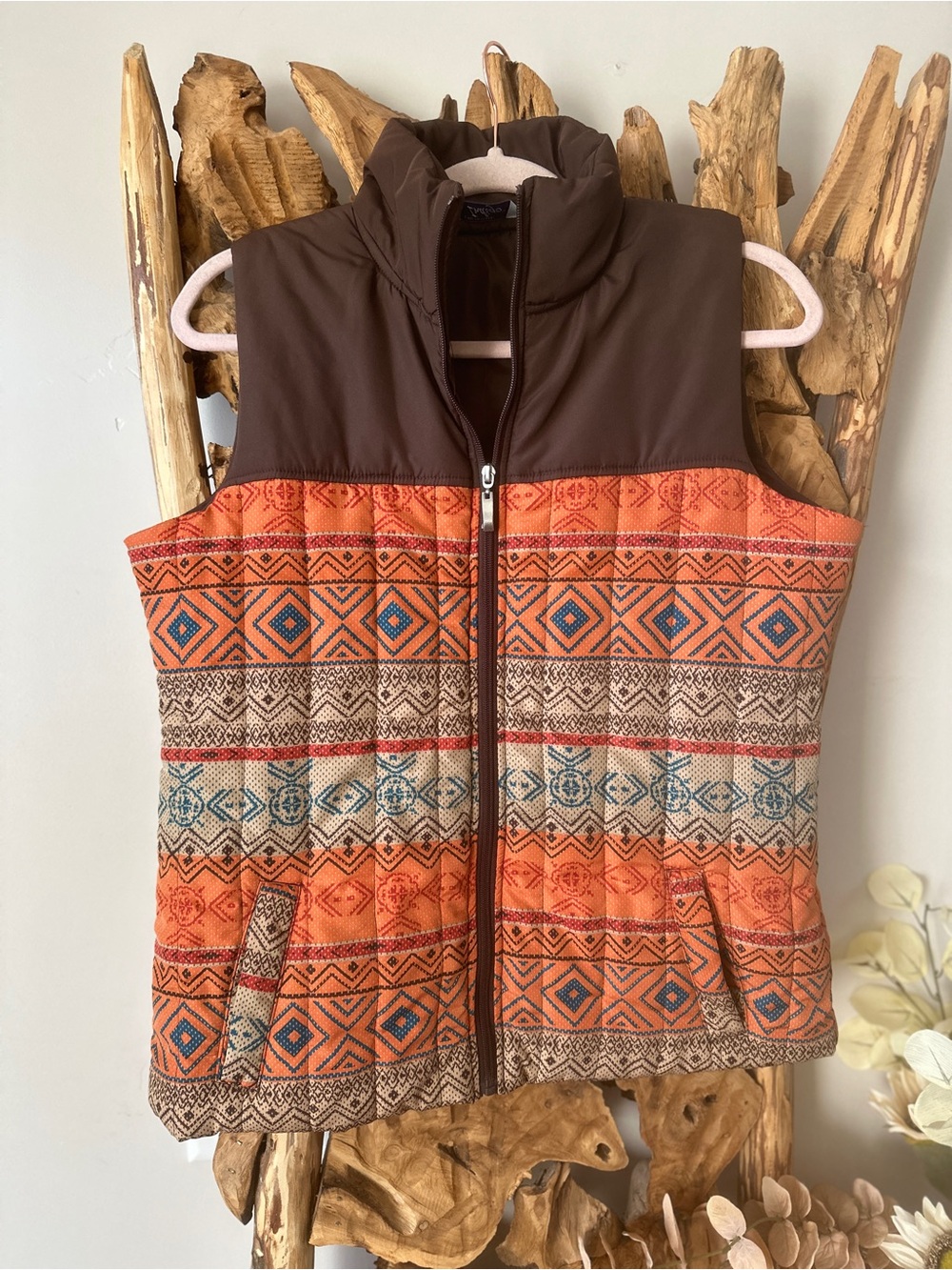 Indigo Orange Patterned Puffer Vest with Brown Yoke